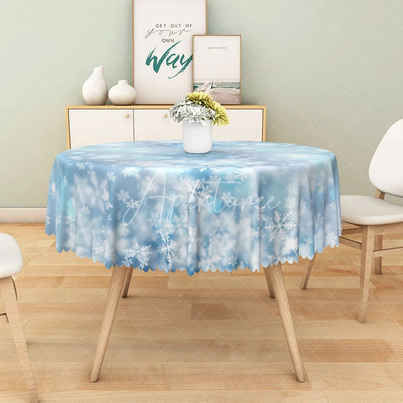 Aperturee - Aperturee Winter Snowflake Round Tablecloth Blue Bokeh Lights Print Elegant Holiday and Christmas Party Decor