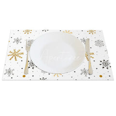 Aperturee - Aperturee Winter Snowflake Set of 4 Placemats White with Gold and Black Snowflakes Modern Holiday Table Mats