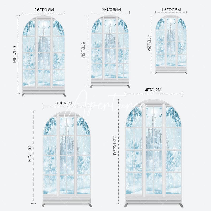 Aperturee - Aperturee Winter Snowy Blue Castle Window Scene Arch Backdrop