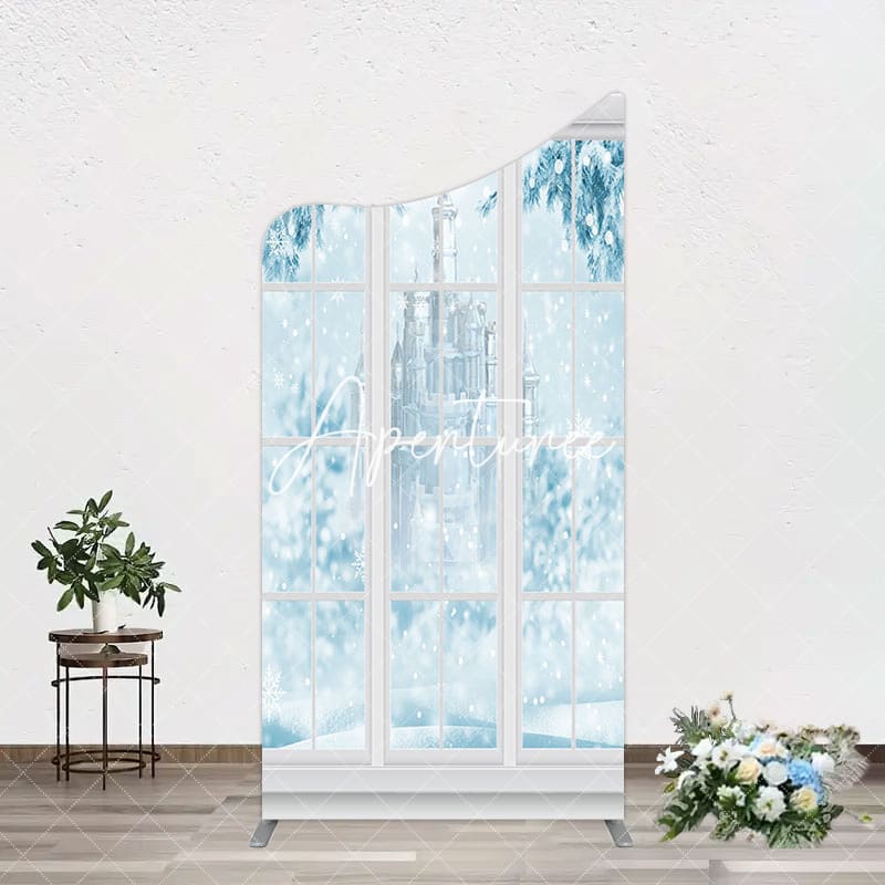 Aperturee - Aperturee Winter Snowy Blue Castle Window Scene Arch Backdrop