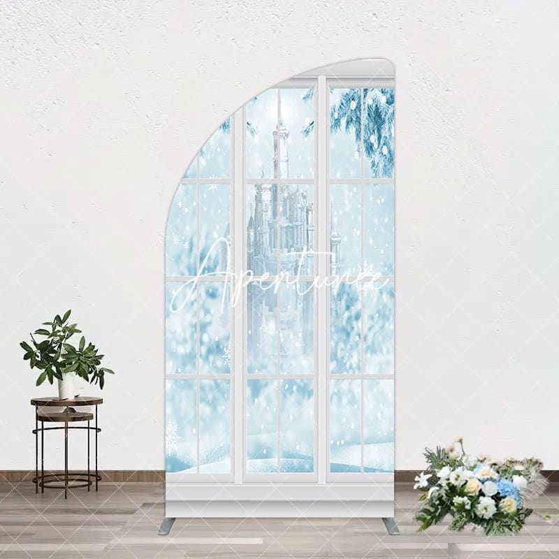 Aperturee - Aperturee Winter Snowy Blue Castle Window Scene Arch Backdrop