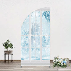 Aperturee - Aperturee Winter Snowy Blue Castle Window Scene Arch Backdrop