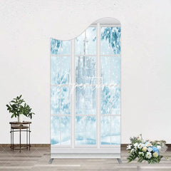 Aperturee - Aperturee Winter Snowy Blue Castle Window Scene Arch Backdrop