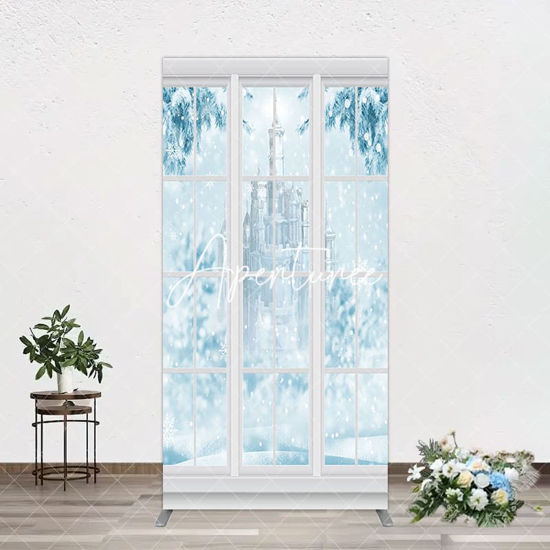 Aperturee - Aperturee Winter Snowy Blue Castle Window Scene Arch Backdrop