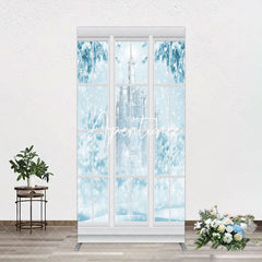 Aperturee - Aperturee Winter Snowy Blue Castle Window Scene Arch Backdrop
