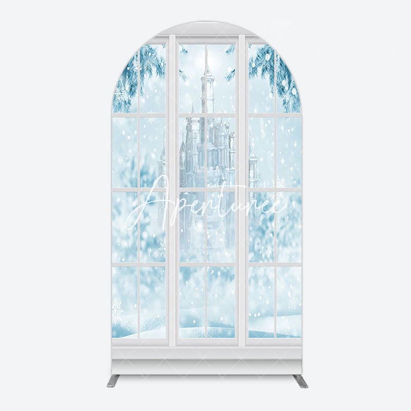 Aperturee - Aperturee Winter Snowy Blue Castle Window Scene Arch Backdrop