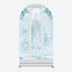 Aperturee - Aperturee Winter Snowy Blue Castle Window Scene Arch Backdrop