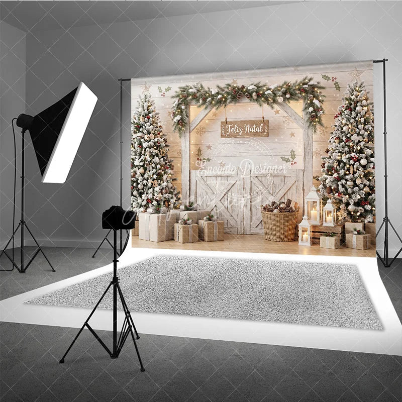 Aperturee - Aperturee Winter Snowy Christmas Tree Holiday Backdrop Cozy Cabin Window Photography Background Festive Seasonal Party Decor