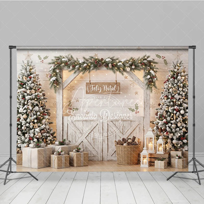 Aperturee - Aperturee Winter Snowy Christmas Tree Holiday Backdrop Cozy Cabin Window Photography Background Festive Seasonal Party Decor