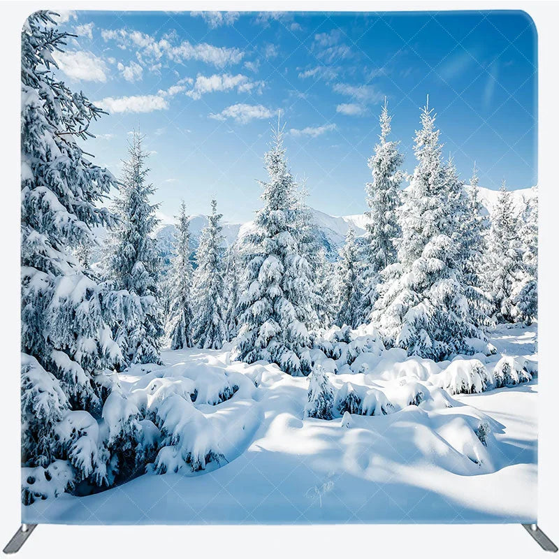 Aperturee - Aperturee Winter Snowy Forest Tension Fabric Backdrop Blue Sky Pine Tree Nature Background Wonderland Scenic Decoration