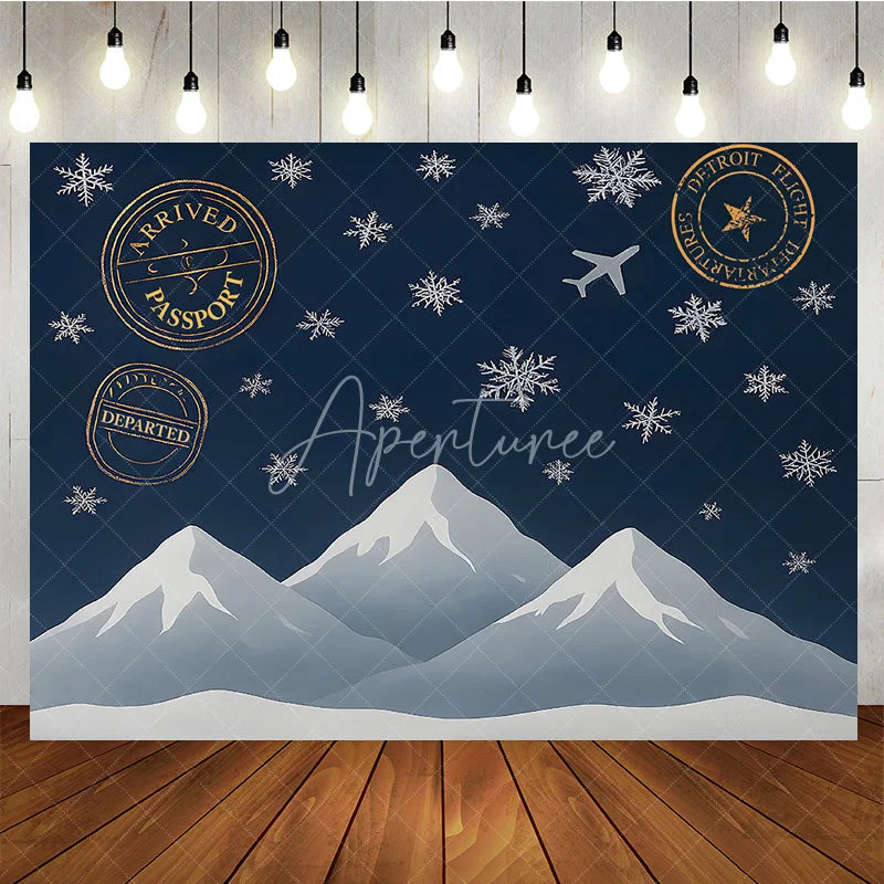 Aperturee - Aperturee Winter Travel Passport Photography Backdrop Snowy Mountains and Airplane Banner