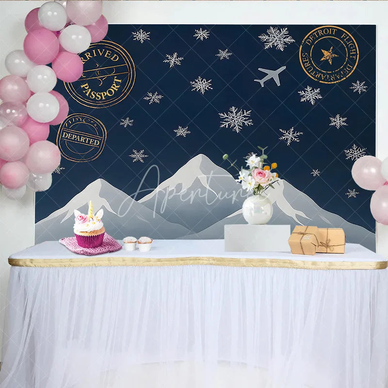 Aperturee - Aperturee Winter Travel Passport Photography Backdrop Snowy Mountains and Airplane Banner