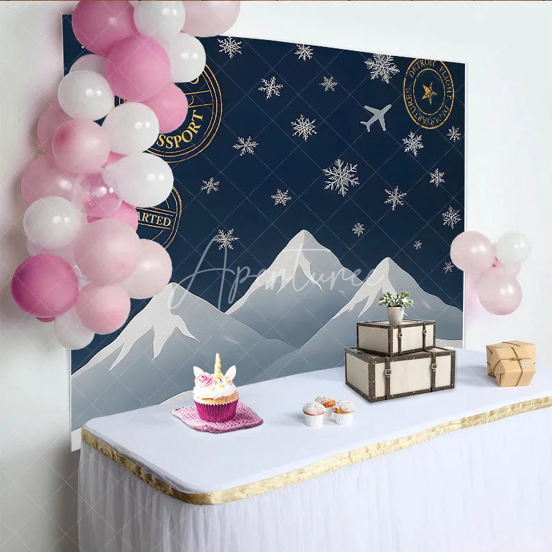 Aperturee - Aperturee Winter Travel Passport Photography Backdrop Snowy Mountains and Airplane Banner