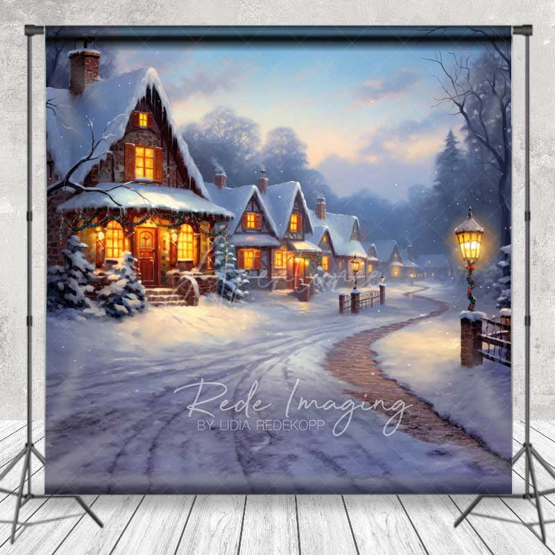 Aperturee - Aperturee Winter Village Christmas Photography Backdrop Snowy Cottages at Dusk Painted Holiday Landscape Photo Prop