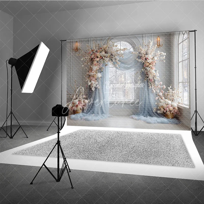 Aperturee - Aperturee Winter Wedding Arch Backdrop Arch Window with Dusty Blue Drapes White and Pink Cherry Blossoms Decor