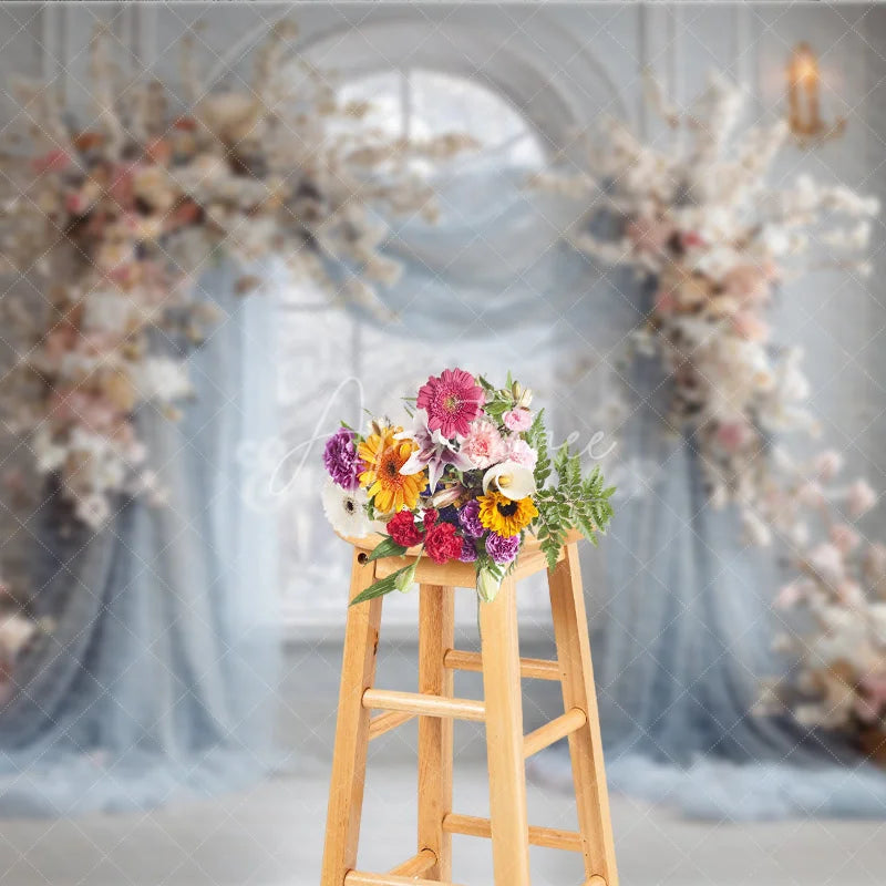 Aperturee - Aperturee Winter Wedding Arch Backdrop Arch Window with Dusty Blue Drapes White and Pink Cherry Blossoms Decor
