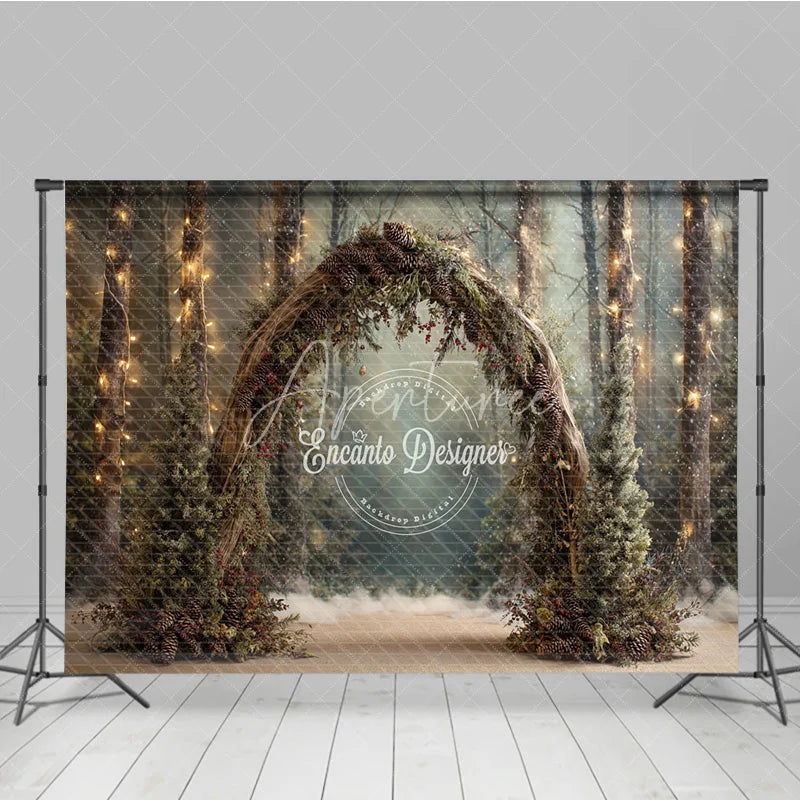 Aperturee - Aperturee Winter Wedding Arch Backdrop Round Pinecone Arch with String Lights Enchanted Forest Holiday Photo Prop