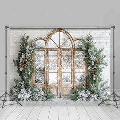 Aperturee - Aperturee Winter Window Backdrop Snowy Pine Forest View Arched Wood Door White Brick Wall Christmas Background