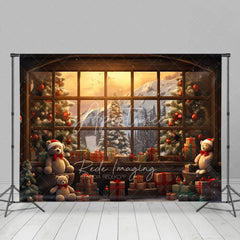 Aperturee - Aperturee Winter Window View Christmas Backdrop Teddy Bear Mountain Snow Background Scenic Landscape Holiday Party Decoration
