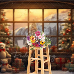 Aperturee - Aperturee Winter Window View Christmas Backdrop Teddy Bear Mountain Snow Background Scenic Landscape Holiday Party Decoration