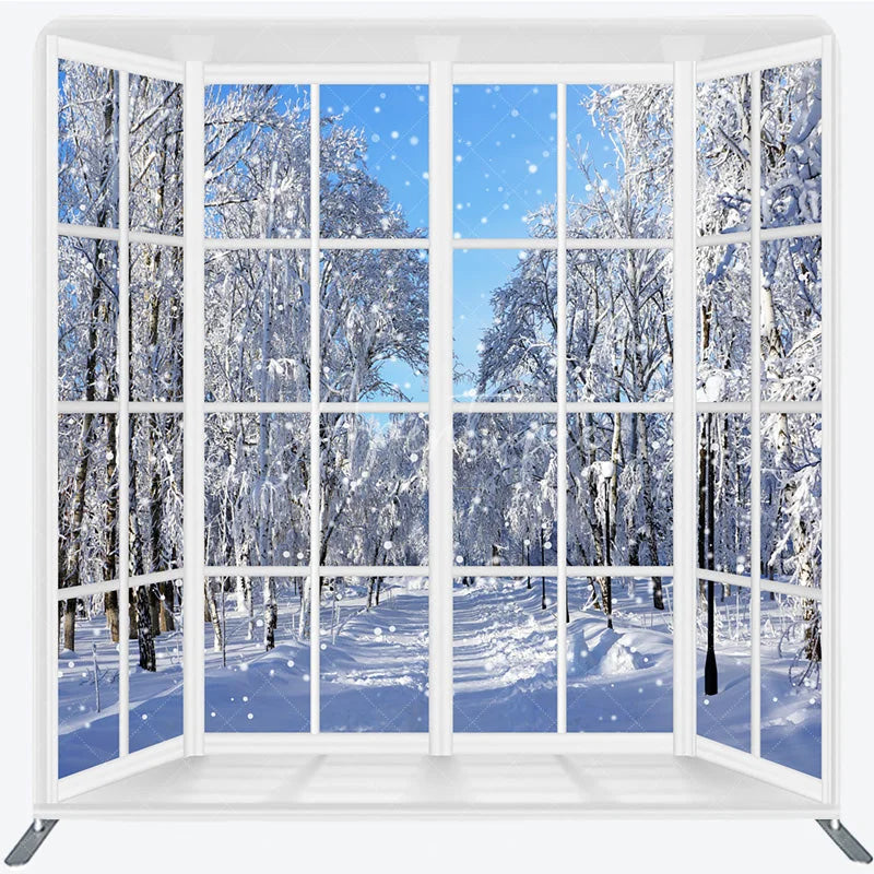 Aperturee - Aperturee Winter Window View Tension Fabric Backdrop Snowy Forest Landscape Decor White Frame Theme Background for Holiday