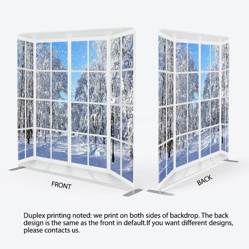 Aperturee - Aperturee Winter Window View Tension Fabric Backdrop Snowy Forest Landscape Decor White Frame Theme Background for Holiday