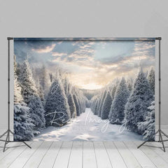 Aperturee - Aperturee Winter Wonderland Backdrop Snowy Pine Forest Path Sunset Sky Nature Photo Background