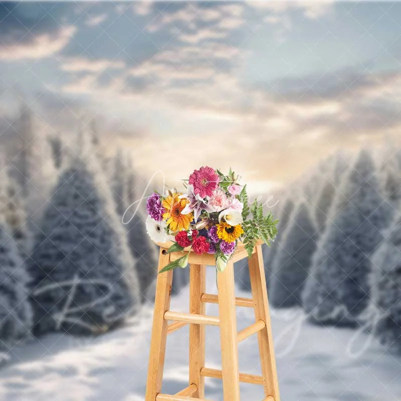 Aperturee - Aperturee Winter Wonderland Backdrop Snowy Pine Forest Path Sunset Sky Nature Photo Background