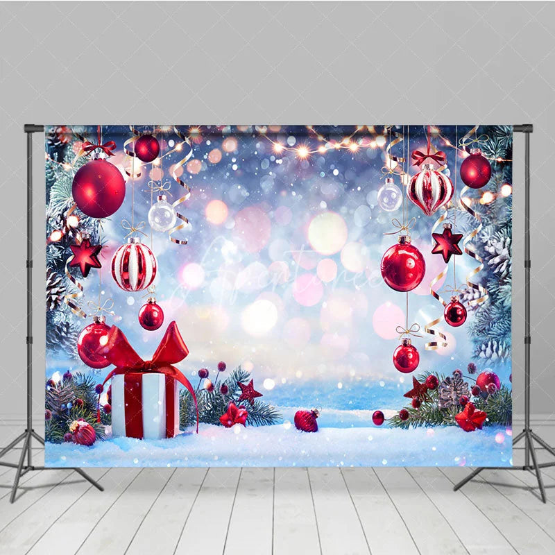 Aperturee - Aperturee Winter Wonderland Christmas Backdrop with Red Ornaments and Snow Bokeh Lights Holiday Party Photo Booth