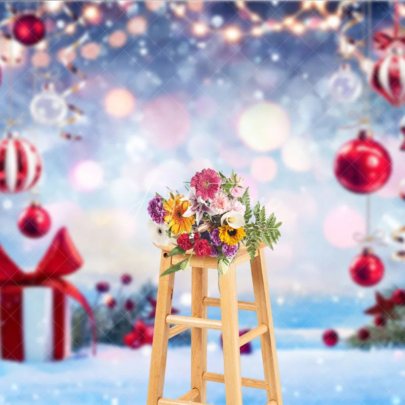 Aperturee - Aperturee Winter Wonderland Christmas Backdrop with Red Ornaments and Snow Bokeh Lights Holiday Party Photo Booth