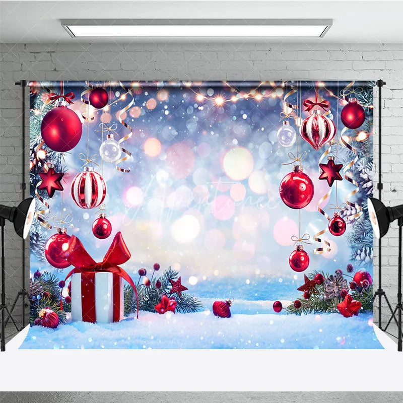 Aperturee - Aperturee Winter Wonderland Christmas Backdrop with Red Ornaments and Snow Bokeh Lights Holiday Party Photo Booth