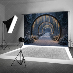 Aperturee - Aperturee Winter Wonderland Light Tunnel Photography Backdrop Snowy Path with Glowing Arches Magical Christmas Forest Scene