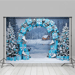 Aperturee - Aperturee Winter Wonderland Photography Backdrop Blue Gift Box Arch with Ice Skates Snowy Christmas Photo Background