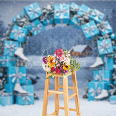 Aperturee - Aperturee Winter Wonderland Photography Backdrop Blue Gift Box Arch with Ice Skates Snowy Christmas Photo Background