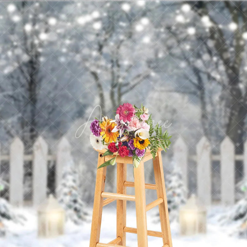 Aperturee - Aperturee Winter Wonderland Photography Backdrop Snowy Forest with Flocked Trees Christmas String Lights Photo Background