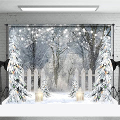 Aperturee - Aperturee Winter Wonderland Photography Backdrop Snowy Forest with Flocked Trees Christmas String Lights Photo Background