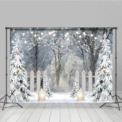 Aperturee - Aperturee Winter Wonderland Photography Backdrop Snowy Forest with Flocked Trees Christmas String Lights Photo Background