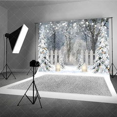 Aperturee - Aperturee Winter Wonderland Photography Backdrop Snowy Forest with Flocked Trees Christmas String Lights Photo Background