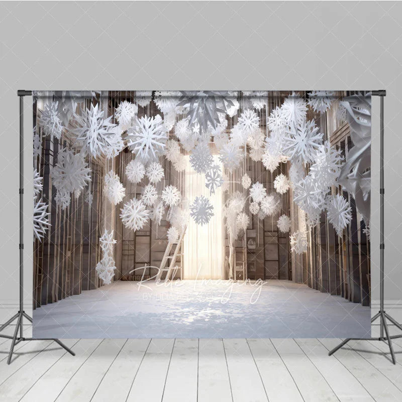 Aperturee - Aperturee Winter Wonderland Photography Backdrop with Hanging Paper Snowflakes White Christmas Rustic Holiday Photo Booth