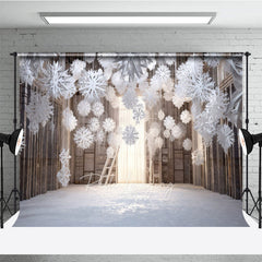 Aperturee - Aperturee Winter Wonderland Photography Backdrop with Hanging Paper Snowflakes White Christmas Rustic Holiday Photo Booth
