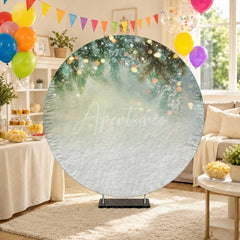 Aperturee - Aperturee Winter Wonderland Round Backdrop with Pine Branches and Snow Warm Bokeh Lights for Christmas Celebrations