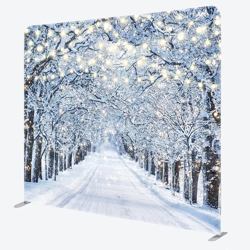 Aperturee - Aperturee Winter Wonderland Tension Fabric Backdrop Snowy Road with String Lights Christmas Forest Photography Background