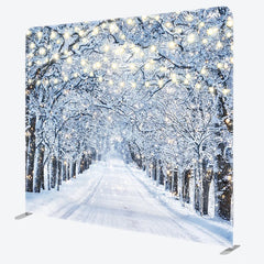 Aperturee - Aperturee Winter Wonderland Tension Fabric Backdrop Snowy Road with String Lights Christmas Forest Photography Background