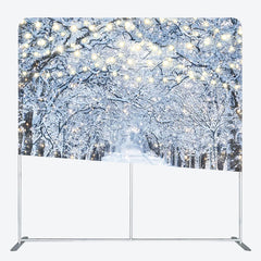 Aperturee - Aperturee Winter Wonderland Tension Fabric Backdrop Snowy Road with String Lights Christmas Forest Photography Background