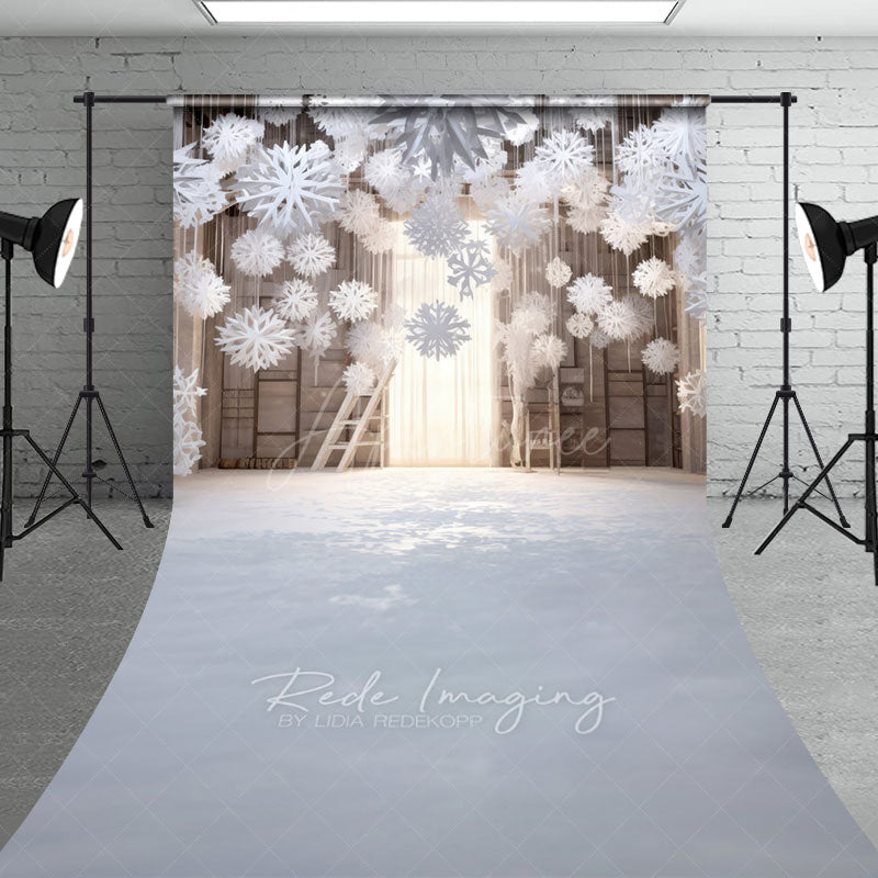 Aperturee - Aperturee Winter Wonderland with Hanging Snowflakes Sweep Backdrop White Christmas Rustic Holiday Photo Studio Floor Drop