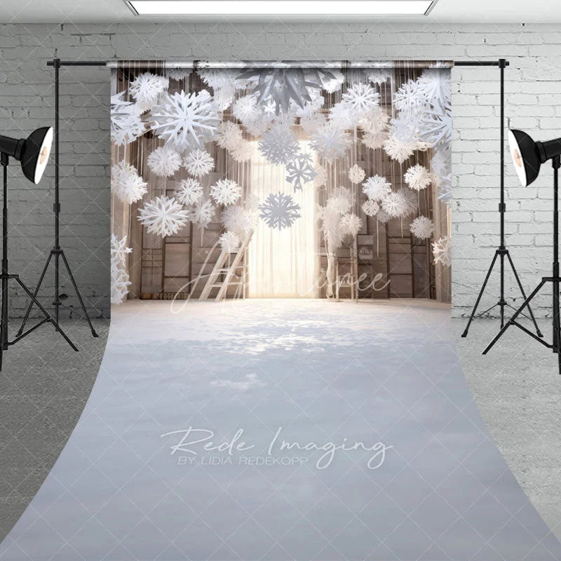 Aperturee - Aperturee Winter Wonderland with Hanging Snowflakes Sweep Backdrop White Christmas Rustic Holiday Photo Studio Floor Drop