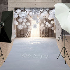 Aperturee - Aperturee Winter Wonderland with Hanging Snowflakes Sweep Backdrop White Christmas Rustic Holiday Photo Studio Floor Drop