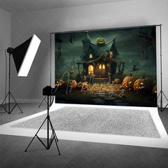 Aperturee Aperturee Witch’s Cottage Halloween Photography Backdrop Spooky House with Jack O’ Lanterns Haunted Forest Night Scenery