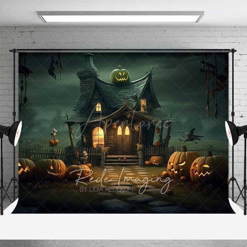 Aperturee Aperturee Witch’s Cottage Halloween Photography Backdrop Spooky House with Jack O’ Lanterns Haunted Forest Night Scenery