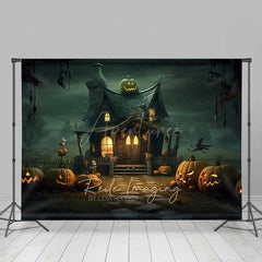 Aperturee Aperturee Witch’s Cottage Halloween Photography Backdrop Spooky House with Jack O’ Lanterns Haunted Forest Night Scenery